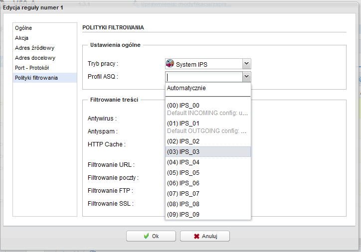 Jeśli w ramach filtrowania ruch ma być skanowany innym profilem, to w konfiguracji Firewall i NAT w kolumnie Polityki filtrowania należy zmienić opcję Profil ASQ z Automatyczny na wybrany przez nas