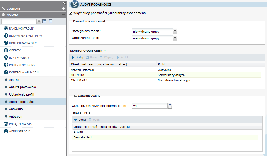 10. Konfiguracja Audytu podatności (SEISMO) Moduł Audytu podatności jest pasywnym skanerem wnętrza sieci.