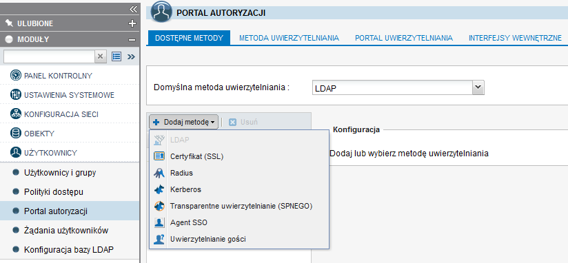 Inne metody autoryzacji Poza powyższym sposobem autoryzacji użytkowników istnieje również kilka innych metod autoryzacji: LDAP Standardowa metoda uwierzytelniania w oparciu o login oraz hasło podane