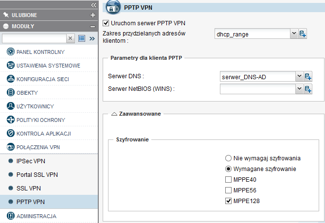 Po stronie STORMSHIELD konfiguracji należy dokonać w sekcji POŁĄCZENIA VPN -> PPTP VPN.