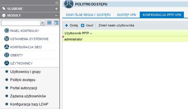 Uwaga Z uwagi na luki w protokole PPTP, przy konfiguracji polityk dostępu dla PPTP należy zdefiniować nowe (najlepiej inne) hasło dla użytkownika.