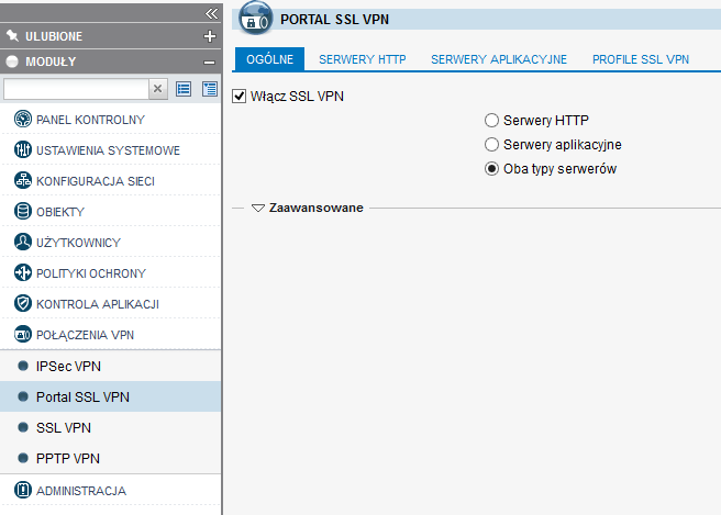 Aby skonfigurować serwer SSL VPN należy przejść do sekcji POŁĄCZENIA VPN -> SSL VPN gdzie w