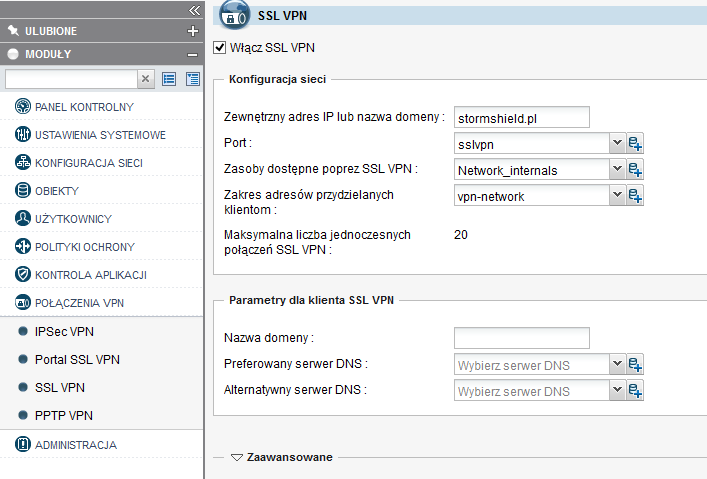 Zewnętrzny adres IP lub nazwa domeny - jednoznacznie identyfikuje adres publiczny/domenę, pod którą portal będzie dostępny. Port określa na jakim porcie ma nasłuchiwać usługa (domyślnie HTTPS 443TCP).