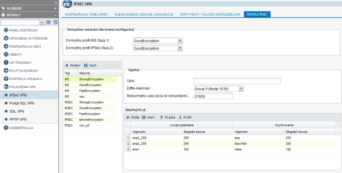 Po zakończeniu pracy obu kreatorów należy jeszcze skonfigurować Profile IPsec oraz aktywować slot. Profile IPSec określają jakie algorytmy i klucze mają być użyte do zabezpieczenie tunelu.