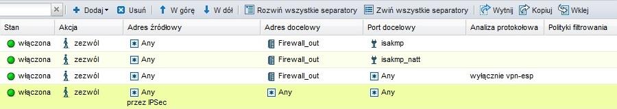 Konfiguracja firewalla powinna zawierać reguły pozwalające na nawiązanie komunikacji na portach 500UDP, 4500UDP oraz na protokole VPN-ESP.