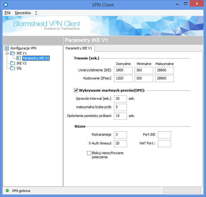 Konfiguracja klienta STORMSHIELD VPN Client Ustawienia ogólne należy skonfigurować czas życia tunelu fazy pierwszej i fazy drugiej.