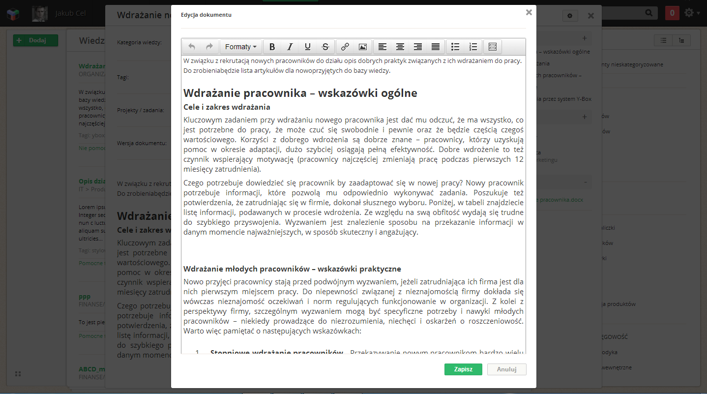 Rysunek 36. Tworzenie dokumentu w bazie wiedzy. Kolejnym mechanizmem usprawniającym tworzenie dokumentów jest możliwość konwersji rozwiązania zadania oraz odpowiedzi do pytania na dokument.