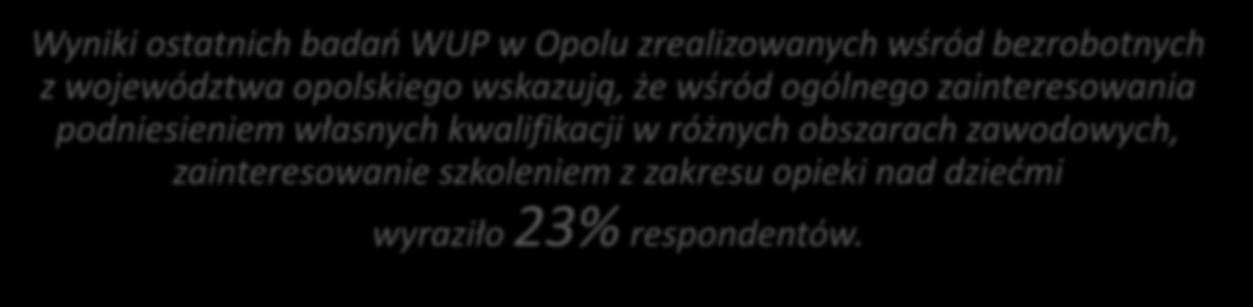Wyniki ostatnich badań WUP w Opolu zrealizowanych wśród bezrobotnych z województwa opolskiego wskazują, że wśród ogólnego zainteresowania podniesieniem własnych kwalifikacji w różnych obszarach