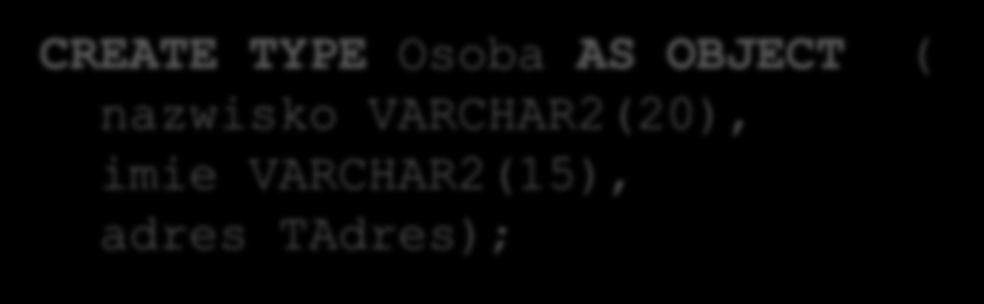 Współdzielenie i zagnieżdżanie obiektów 22 Kowalski Kolejowa Kowalska Kolejowa CREATE TYPE TAdres AS OBJECT ( ulica VARCHAR2(15), dom NUMBER(4), mieszkanie NUMBER(3)); CREATE TYPE Osoba