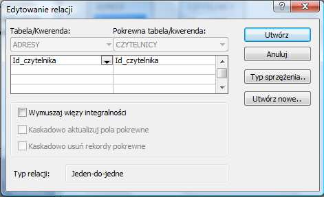 2. Trzymając wciśnięty lewy przycisk myszy, przeciągnąć to pole na pole o takiej samej nazwie w drugiej tabeli. 3. Zwolnić przycisk myszy. 4.