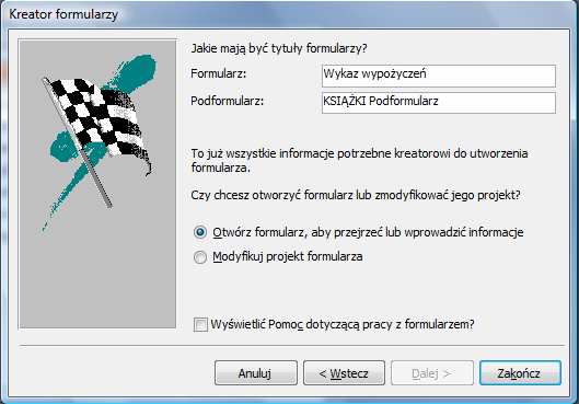 Rysunek 31. Określenie stylu formularza Rysunek 32. Określenie tytułów formularza i podformularza Po pewnym czasie na ekranie monitora ukaże się okno formularza zespolonego (rys. 33). Rysunek 33.