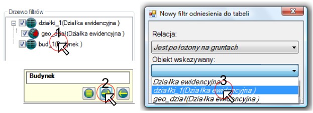 Relacja jest wskazywane przez Relacja jest wskazywane przez W pierwszej kolejności wyznaczamy obiekt wskazujący działkę ewidencyjną a następnie relację, za pomocą której wybrany obiekt odnosi się do