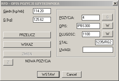 Okno wstawiania opisu pozycji użytkownika Command: stu Działa identycznie jak okno opisu pozycji RFD.