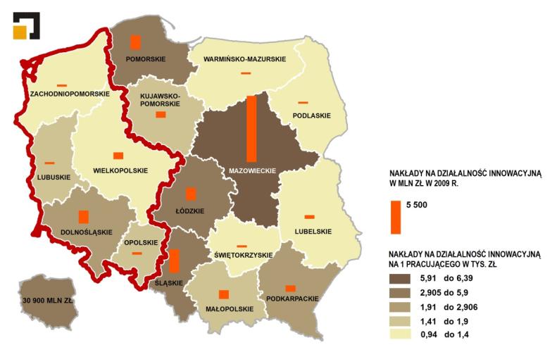 Wykres 5. Przedsiębiorstwa przemysłowe aktywne innowacyjnie w latach 2009 2011 według województw (udział w ogóle przedsiębiorstw przemysłowych) Wykres 6.