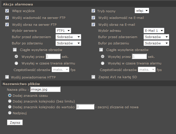 NVIP-5DN7021D/IR-2P, Instrukcja obsługi wer.1.0. INTERFEJS WWW - PRACA Z KAMERĄ 4.2.7. Zdarzenia Alarmowe Zakładka Zdarzenia Alarmowe pozwala na konfigurację reakcji kamery na zdarzenia pochodzące z pobudzenia wejścia alarmowego.