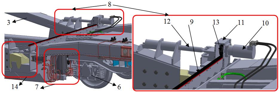 Modyfikacje konstrukcyjne wagonu mechanizm obracający platformę ładunkową Fragment części nadwózkowej konstrukcji