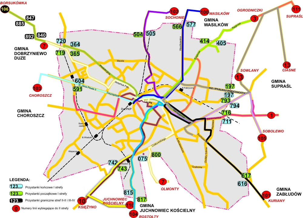 Projekt Strategii ZIT BOF, 28 października 2014 r. 57 systematycznie zwiększana. Schemat istniejącej sieci linii komunikacji miejskiej na obszarze okolicznych gmin przedstawia mapa 6.