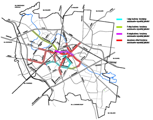 Projekt Strategii ZIT BOF, 28 października 2014 r. 61 Mapa 9. Korytarze Autobusu Wysokiej Jakości plan na 2015 rok Źródło: Zintegrowany plan rozwoju transportu publicznego miasta Białegostoku, s. 96.