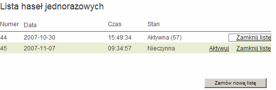 Pierwszą listę haseł otrzymasz od pracownika Banku w chwili uruchomienia usługi. KaŜdą następną musisz zamówić i aktywować samodzielnie po odebraniu jej z banku. Aktywna moŝe być tylko jedna lista.