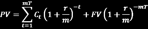 gdzie PV - cena; FV - wartość nominalna; C t - kupon wypłacany w chwili t (często podawany jako % FV) r - stopa procentowa w