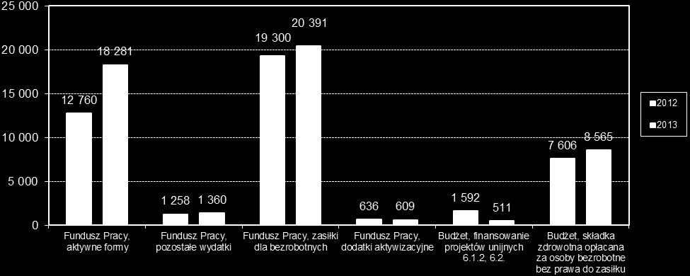 12. WYDATKI FUNDUSZU PRACY I EUROPEJSKIEGO FUNDUSZU SPOŁECZNEGO. W okresie 12 miesięcy 2013 roku wydatki Powiatowego Urzędu Pracy w Elblągu (dla m.