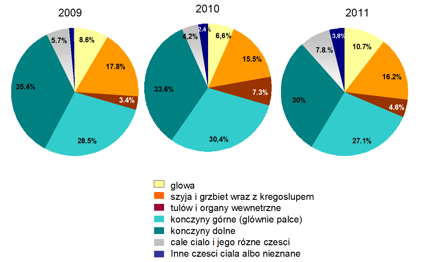 Ryc.18. Porównanie rozkładu poszkodowanych ratowników medycznych i specjalistów ratownictwa w wg umiejscowienia urazu, w kolejnych trzech latach 2009-2011. 3.5.