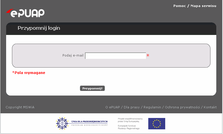 Krok 3. W celu przypomnienia loginu, uŝytkownik wprowadza swój adres e-mail, który zadeklarował podczas zakładania konta na epuap.