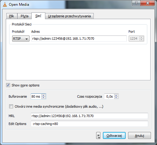 Odtwarzanie strumienia w programie VLC Player 1. Uruchom aplikację VLC Player. Z menu Media wybierz pozycję Open Network Stream 2.