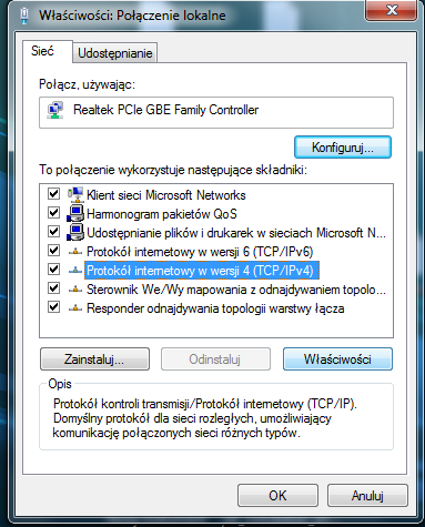 Właściwości: Połączenie lokalne na liście wybrać Protokół