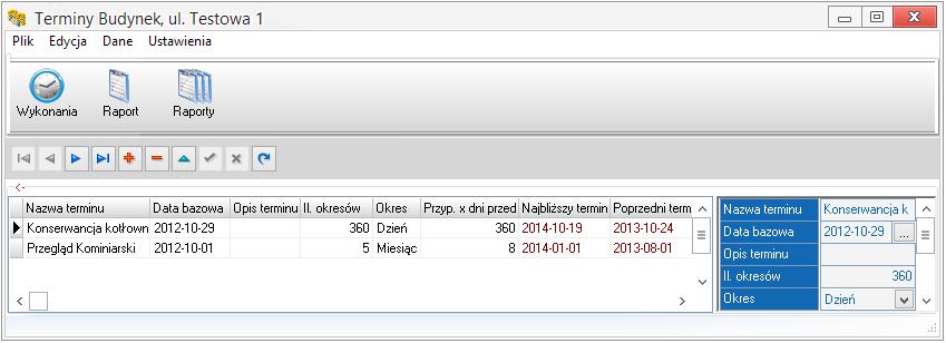 28.7. TERMINY Poprzez opcję menu "Dane Terminy" można zanotować ważne cykliczne terminy, które dotyczą danego obiektu (jak np. przeglądy techniczne itp.).