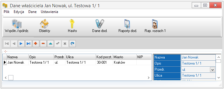 umożliwia nadanie nowego hasła właścicielowi obiektu, funkcje Dane dodatkowe oraz Raport danych dodatkowych opisują dane dodatkowe wprowadzone przy danym kontrahencie.