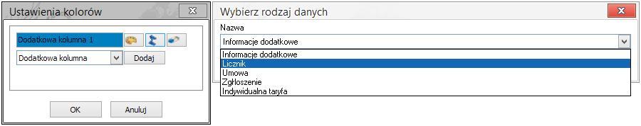 Z rozwijalnej listy należy wybrać kolumnę która ma być wyróżniona kolorem, można również poprzez pozostawienie opcji Dodatkowa kolumna dodać dodatkową kolumnę która pojawi się w kartotece i będzie