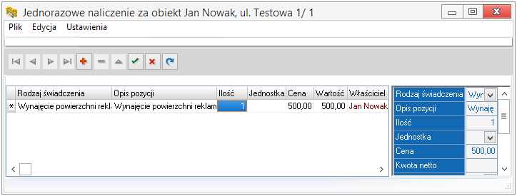 to zrobić w słowniku świadczeń), Opis pozycji - program domyślnie przepisze nazwę świadczenia, Ilość i Jednostka pola odnoszące się do parametrów świadczenia, Cena - podaje się w niej stawkę za dane