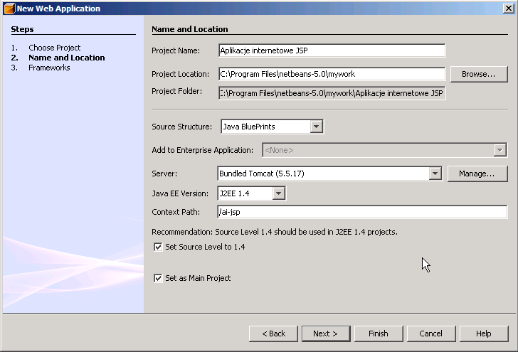 3. Podaj nazwę projektu, Aplikacje internetowe JSP. Upewnij się, że wybranym serwerem aplikacji jest zagnieżdżony serwer Tomcat 5.