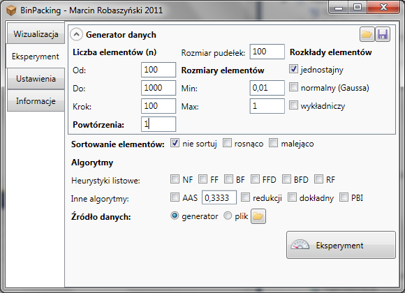 53 3 4 5 6 2 1 Rys. 4.7. Widok modułu eksperymentu obliczeniowego Wprowadzanie parametrów eksperymentu W przypadku testowania pojedynczej instancji załadowanej z pliku należy kliknąć przycisk rys. 4.7. poz.