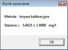 Wynik oznaczenia wyświetlane jest okno wynikowe, pokazane na rysunku 3.37. W oknie podana jest metoda oznaczenia (krzywa kalibracyjna) oraz wartość wyznaczonego stężenia wraz z jednostką. Rysunek 3.