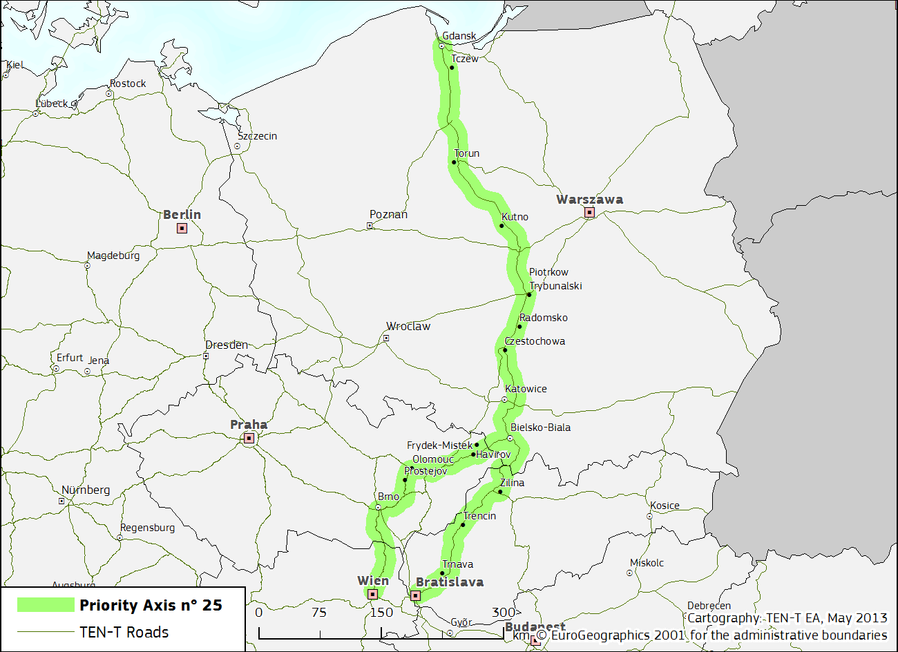 Rysunek 4 Położenie osi autostrad i dróg ekspresowych Gdańsk Brno Wiedeń na terytorium Polski Źródło: Internet - http://tentea.ec.europa.eu 4.3.2.