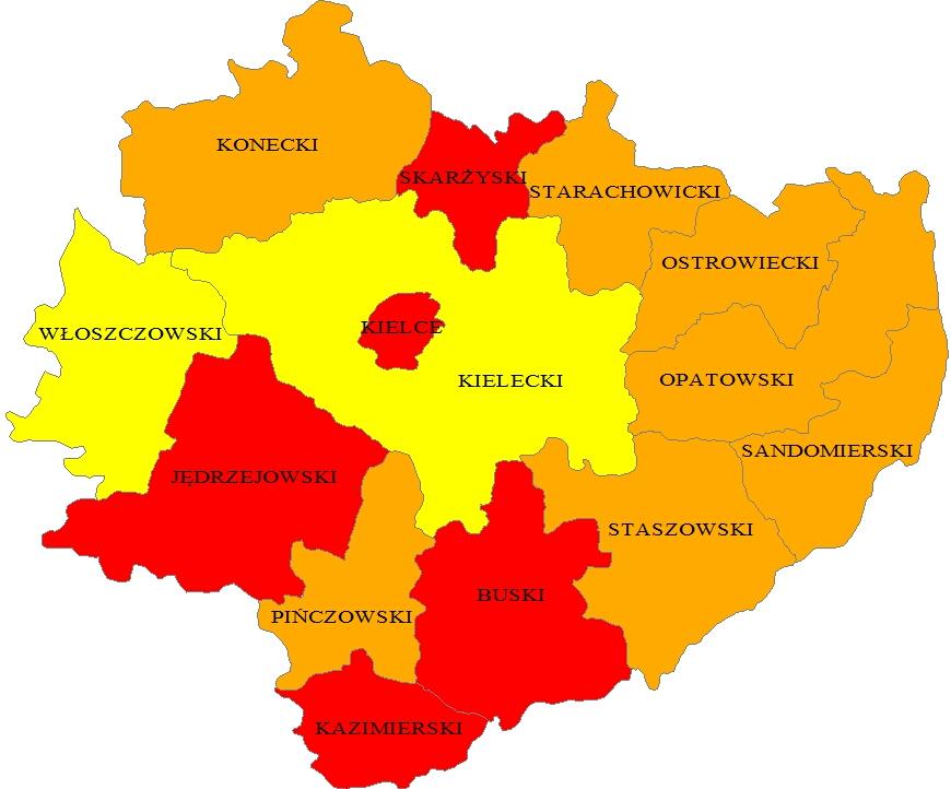 świętokrzyskim w 2010 roku  Registered new cancer cases among men in poviats of Swietokrzyskie Voivodeship in 2010 700 600 500 400 300 200 100 0 595,35 487,8 498,53 355,36 439,98