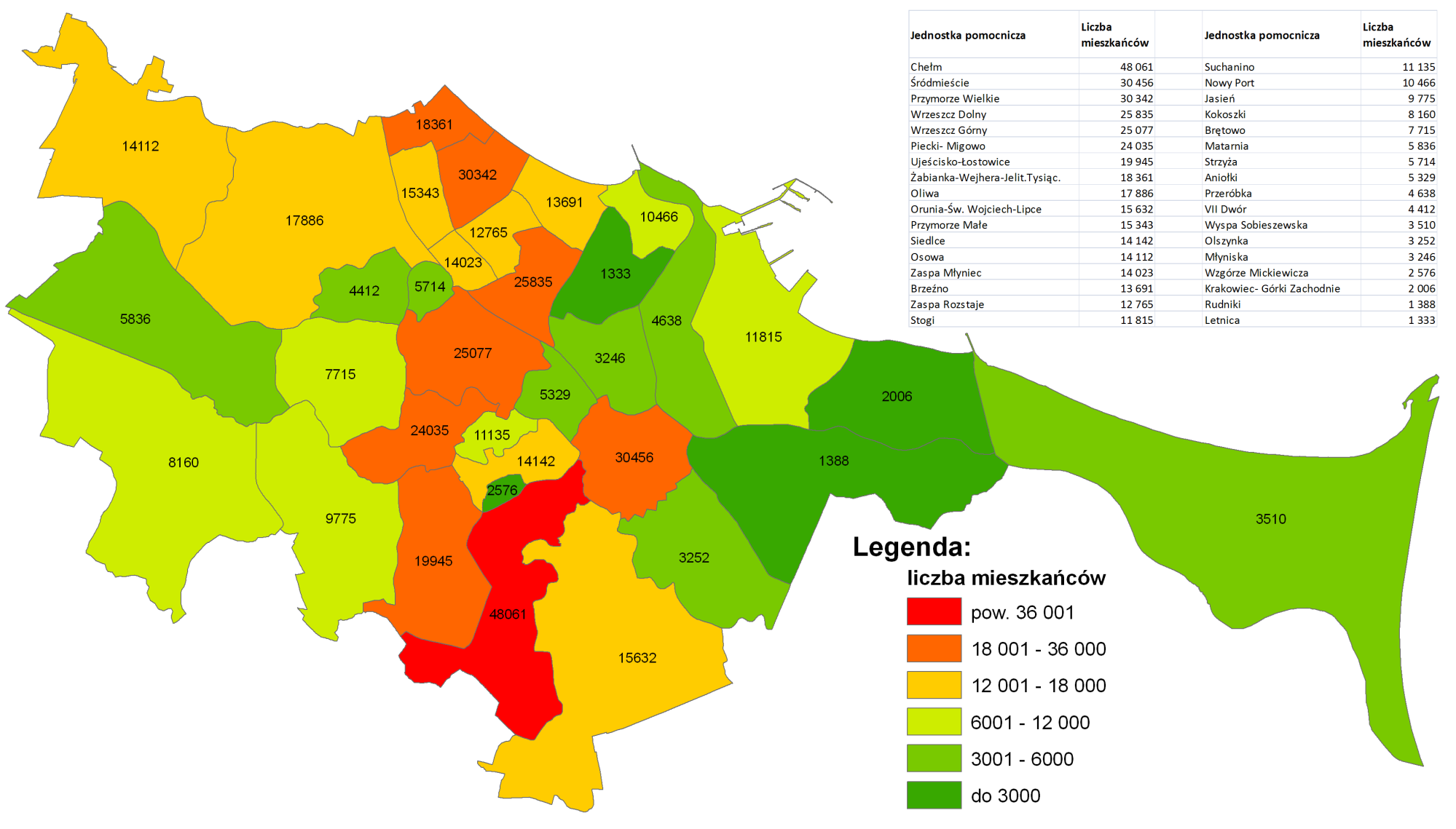 Liczba ludności w podziale na jednostki pomocnicze Gdańska w 212 r.