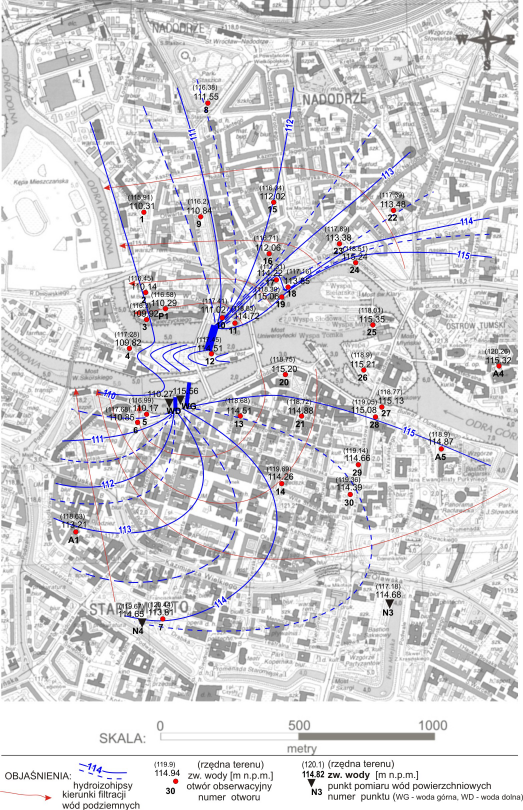 Rysunek 2. Mapa œrednich stanów wód podziemnych w okresie obserwacyjnym (1.04.2007-31.03.2008) robotami budowlanymi w okolicy Rynku i pl. Dominikañskiego. Przestrzenny rozk³ad stanów œrednich (Rys.