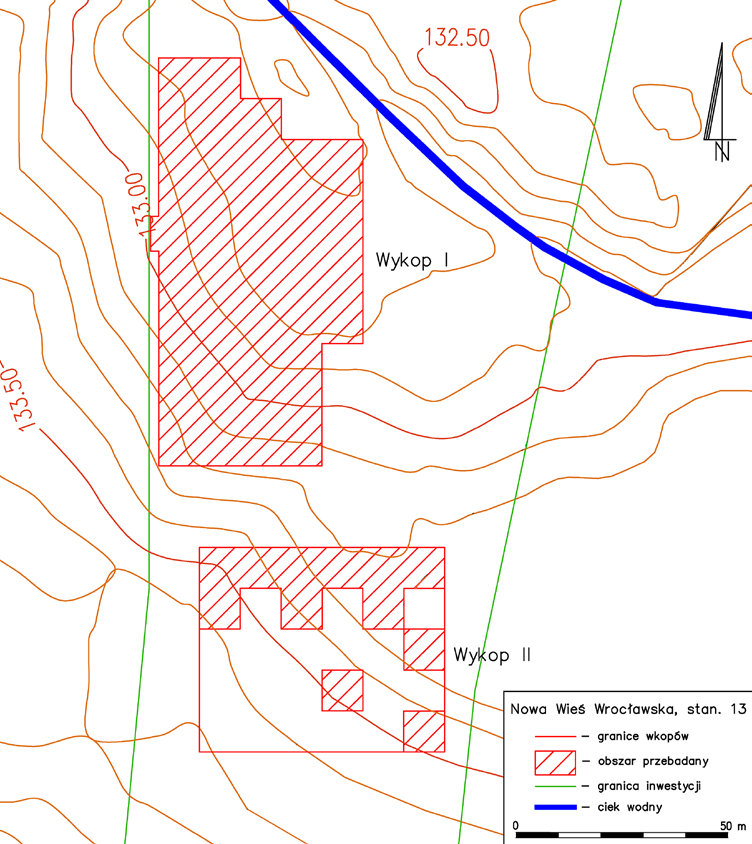 RAPORT 2007-2008 ( 1 ) Ryc. 3. Nowa Wieś Wrocławska, stan.13, gm. Kąty Wrocławskie, woj. dolnośląskie. Mapa poziomicowa otoczenia stanowiska. Cięcie poziomicowe co 0,1 m (wyk. L. Żygadło) Fig. 3. Nowa Wieś Wrocławska, site 13, Kąty Wrocławskie commune, dolnośląskie voivodeship.