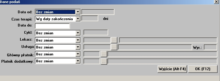 Edycja [F6] umożliwia zrealizowanie (zakończenie) wybranych dalej podań leków. Powoduje przejście w tryb edycji tabeli. Zatwierdź [F12] zapisuje realizację podań leków.