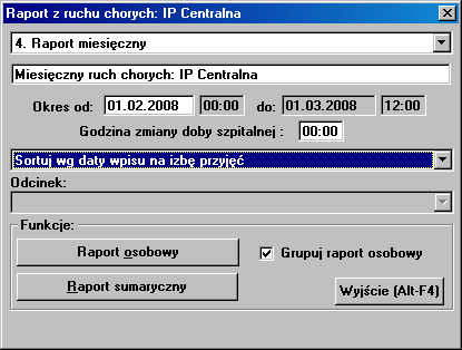 5.4 Raporty Lokalizacja: Menu Raporty Opcja Raporty w menu głównym programu umożliwia wykonywanie raportu z ruchu chorych na izbie przyjęć.