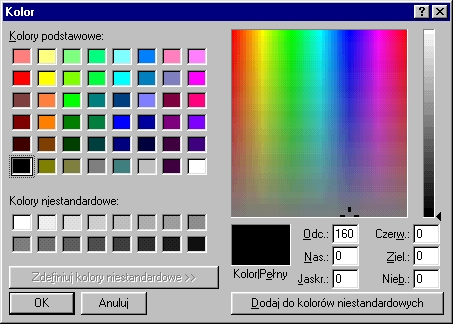 Słownik podstawowych pojęć Wybór koloru w powyższym oknie polega na wskazaniu kursorem myszy właściwego koloru: spośród Kolorów podstawowych należy kliknąć na jednym z wybranych po prawej stronie