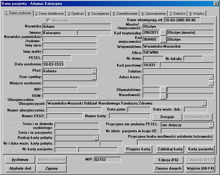 5.1.1 Dane pacjenta Lokalizacja: Menu Skorowidz>Przycisk Poleceń [Przegląd F5] Po wybraniu pacjenta w tabeli, a następnie naciśnięciu przycisku Przegląd przechodzimy do okna Dane pacjenta (w jego