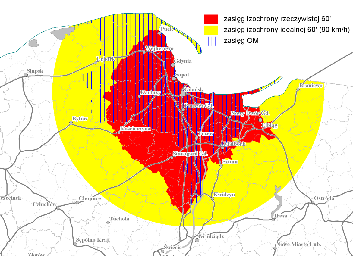 Dostępność czasowa do rdzenia OM 1. Izochrona idealna - gdybyśmy mogli poruszać się bez przeszkód w dowolnym kierunku (90 km/h). 2.