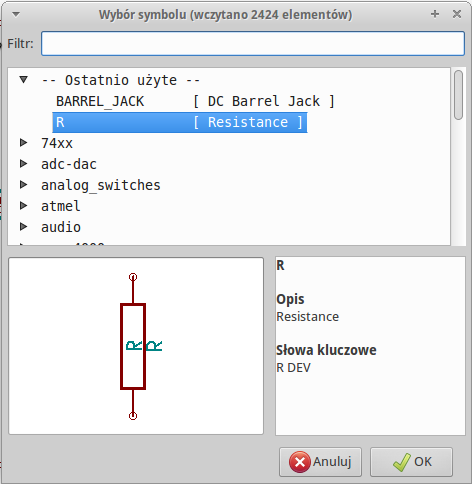 Wprowadzenie do programu KiCad 10 / 41 13. The resistor you previously chose is now in your history list, appearing as R. Click OK and place the component. 14.