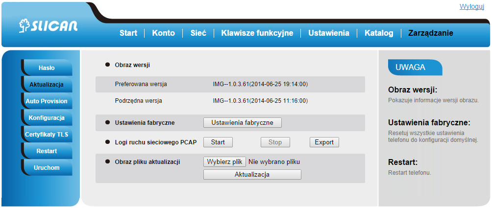 8. Zarządzanie aktualizacja 8.1. Start Startowe okno logowania w interfejsie webowym podaje nam najważniejsze statusy telefonu tj.