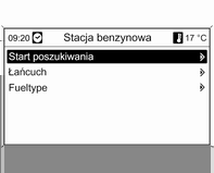 72 Nawigacja Wybieranie poprzednich punktów docelowych Wybieranie szczególnych punktów docelowych Wybrać opcję Samochody i stacje benzynowe, a następnie Stacje benzyn.