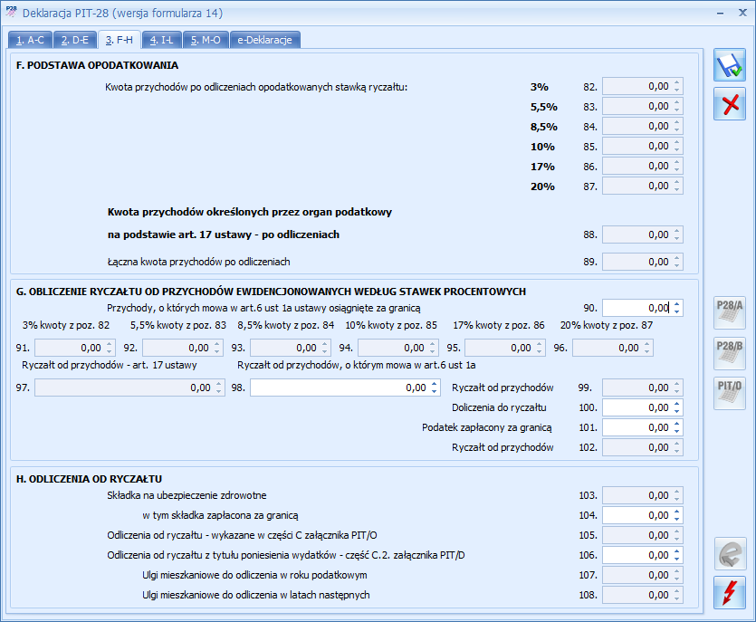 Podręcznik Użytkownika systemu Comarch OPT!MA Str. 73 Formularz deklaracji PIT-28 sekcja F H Rys. 42 PIT-28 zakładka 2.